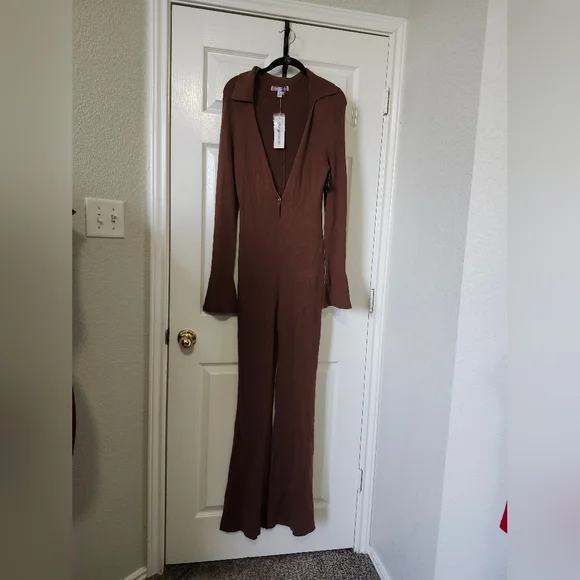 Urban Outfitters Brown Ribbed Long-Sleeve Zipper Jumpsuit - Picture 2 of 13